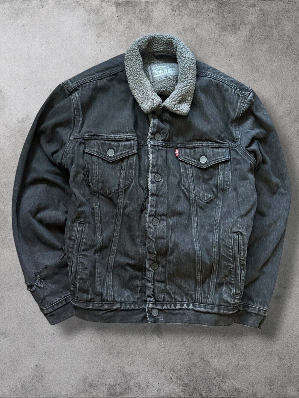 Y2K Levi's Black Denim Pilots Jacket Sherpa Lined Medium Distressed Retro Grunge
